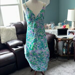 Lilly Pulitzer Green & Lavender Tropical V‑Neck Spaghetti Strap Dress Size 14